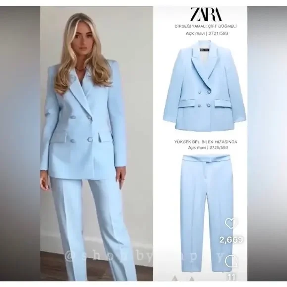 Zara 2 Piece Set Double Breasted Shoulder Pad Blazer and Slim High Waist Pants - Picture 15 of 15